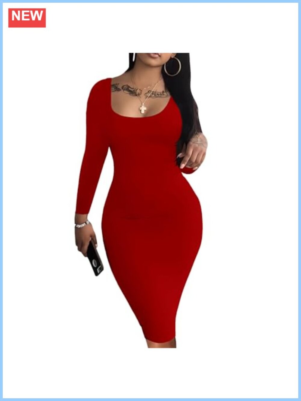 Women's Long Sleeve Bodycon Midi Pencil Dress Square Neck Club Party